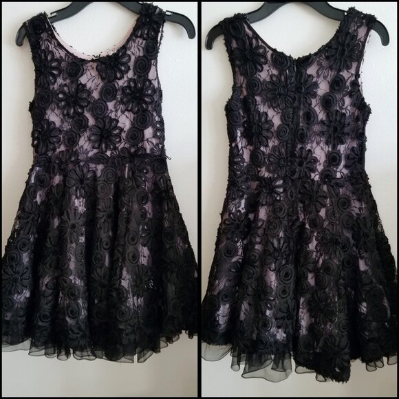 Girls Black Floral Lace Party Dress ✦ Knit Works ✦ Pink Lining ✦ Twirl Skirt 10 - Picture 2 of 6
